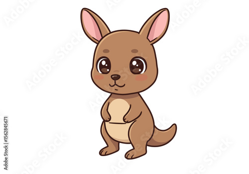 A cute cartoon kangaroo stands upright with large eyes and pink inner ears against a white background