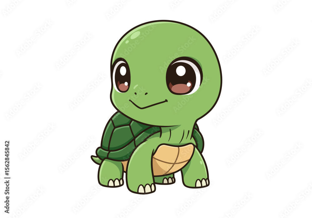 Fototapeta premium A cute cartoonstyle green turtle with big eyes and a light brown belly stands against a plain white background
