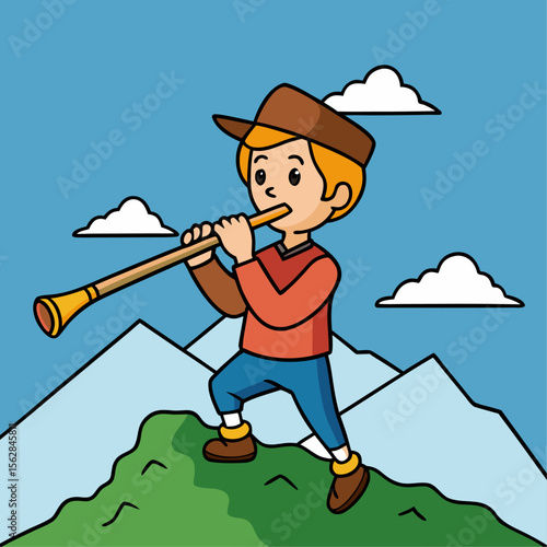Young boy plays a traditional alphorn on a scenic mountain peak