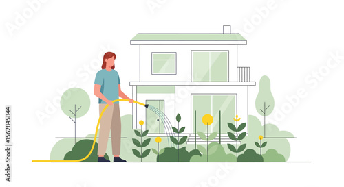 Woman Watering Garden in Front of Modern House