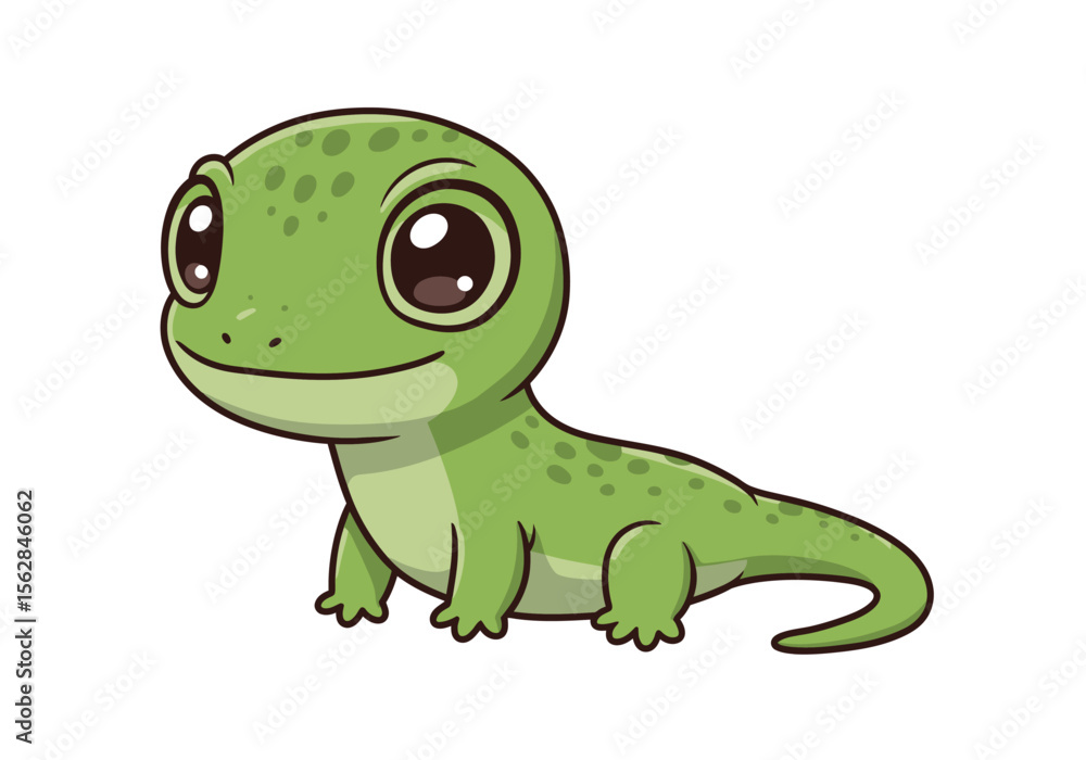 A green cartoon gecko with large eyes a small smile and darker green spots sits against a white background A green cartoon gecko with large eyes a small smile and darker green spots sits against a white background