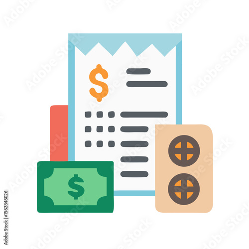 Cartoon money medications bill flat illustration on black background