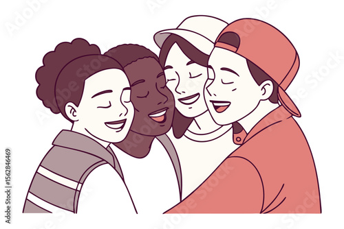 United Smiles: A diverse group of young adults share a moment of joy, with closed eyes and gentle smiles, in a heartwarming depiction of unity and friendship.