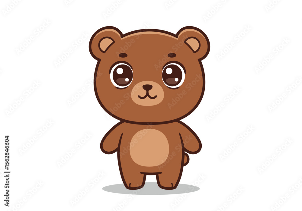 Fototapeta premium Cartoon bear with big eyes small nose brown fur standing on a white background