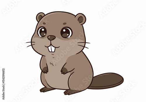 Cartoon beaver with big eyes and buck teeth standing against a white background
