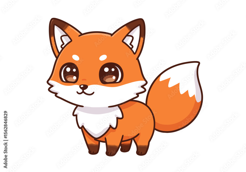 Cartoon fox stands with orange fur white markings and large shiny eyes Cartoon fox stands with orange fur white markings and large shiny eyes