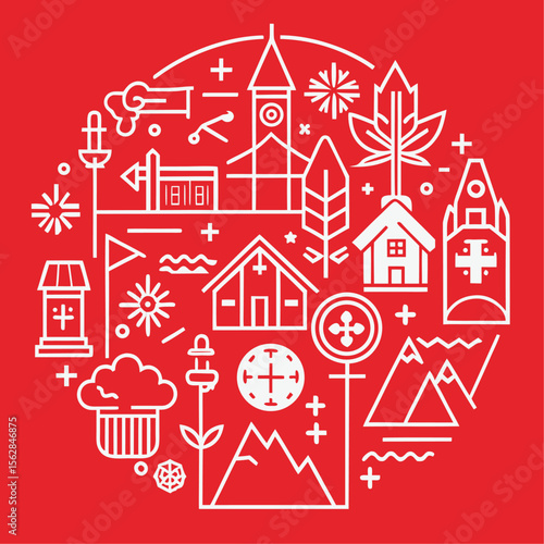 Minimalist swiss line art icons for national themes
