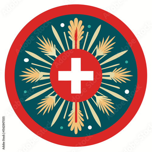 Circular emblem featuring a swiss cross and celebratory fireworks display