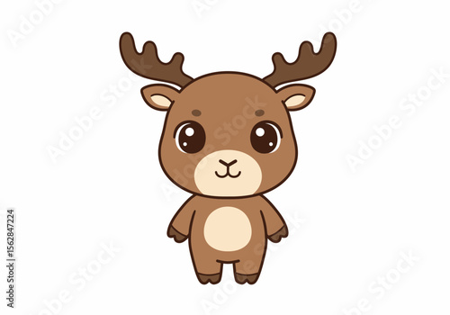 Cartoon moose with brown fur big eyes antlers and a light beige patch on its chest