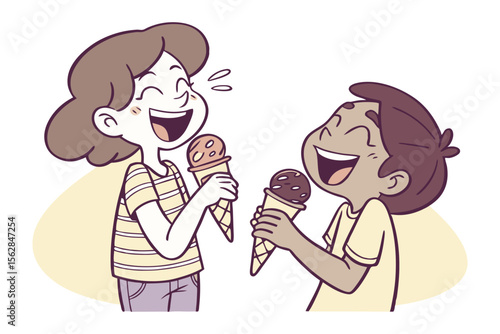 Sweet Moments: Two joyful children share a sweet experience with ice cream. Each laugh mirrors the joy of friendship and a simple pleasure.