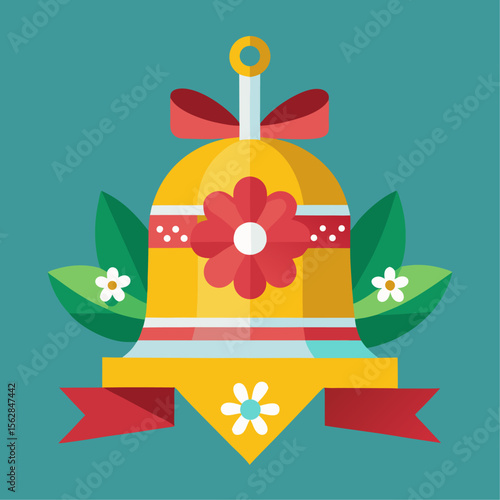 Traditional swiss bell with ribbon and flower illustration for festive occasions