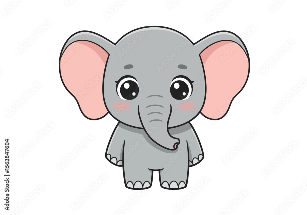 Fototapeta premium Cute cartoon elephant with big ears eyes standing upright