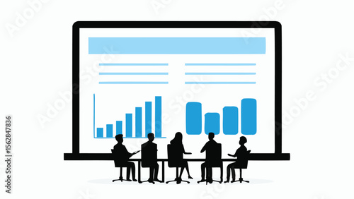 A business meeting with a group of people sitting around a table looking at a presentation on a screen