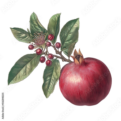 Vintage Pomegranate Branch with Berries and Flower - Botanical Illustration