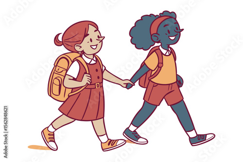 Schoolmates' Stroll: Two young schoolgirls, full of smiles and optimism, walk hand-in-hand with backpacks, a colorful and charming illustration representing friendship, school days.