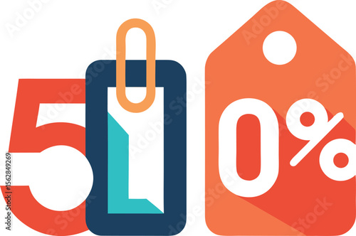Vector art of a fifty percent off sale tag and clip are displayed against a white background