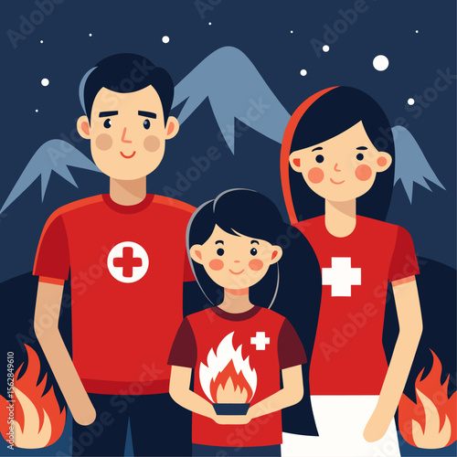Happy family wearing matching swiss themed t shirts on vacation
