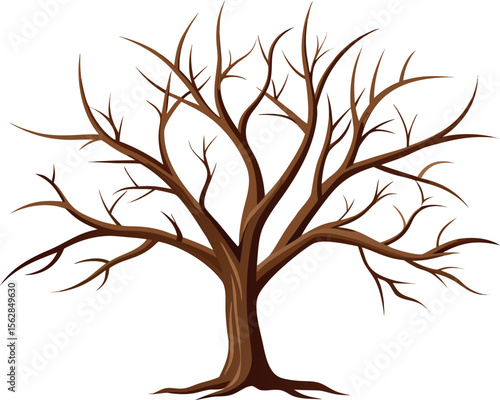 Vector art of a bare tree with brown branches stands isolated on white background, a symbol of winter or autumn
