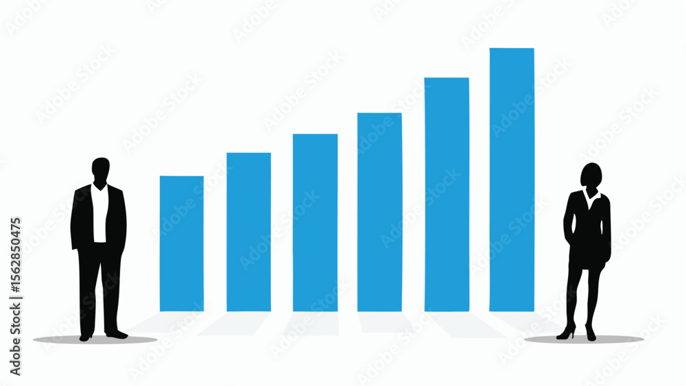 Business growth chart with male and female figures on either side showing success and improvement rate Business growth chart with male and female figures on either side showing success and improvement rate