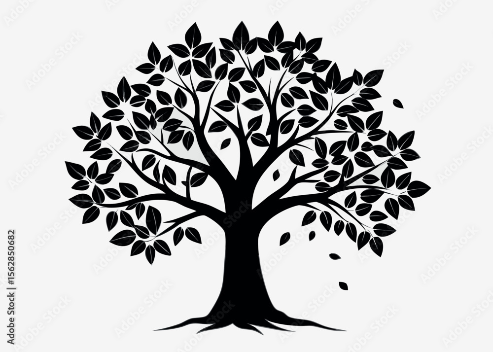 Fototapeta premium Vector art of a silhouette of a tree with leaves and branches is isolated on white background