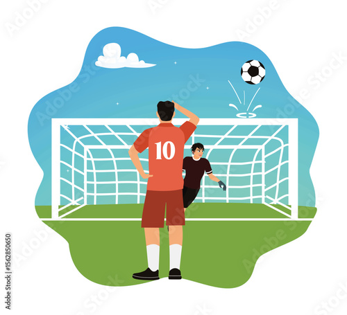 A football match with a missed goal kick.