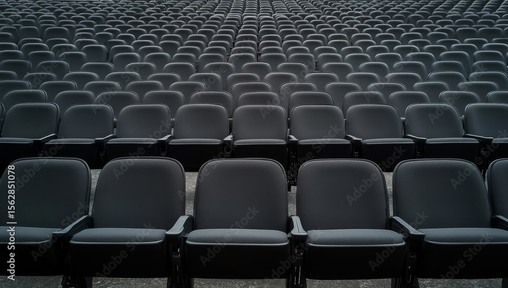 Naklejka premium Empty stadium seats, large auditorium, rows of dark gray chairs, empty venue