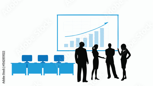 Silhouette of business team in front of a chart showing growth with desks and computers behind them