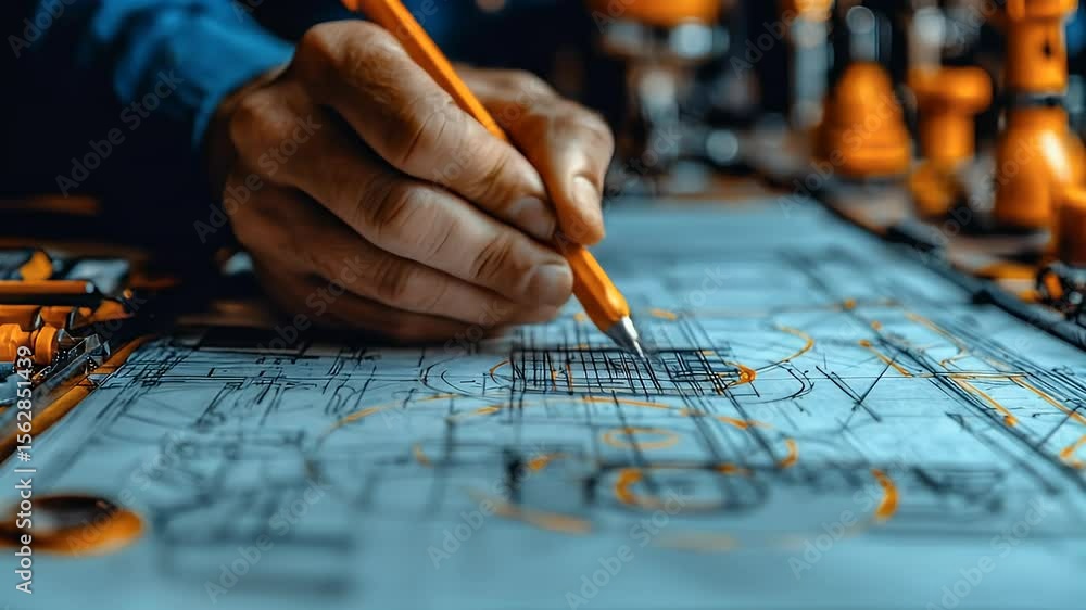 A hand sketching plans with a pencil over a detailed blueprint A hand sketching plans with a pencil over a detailed blueprint