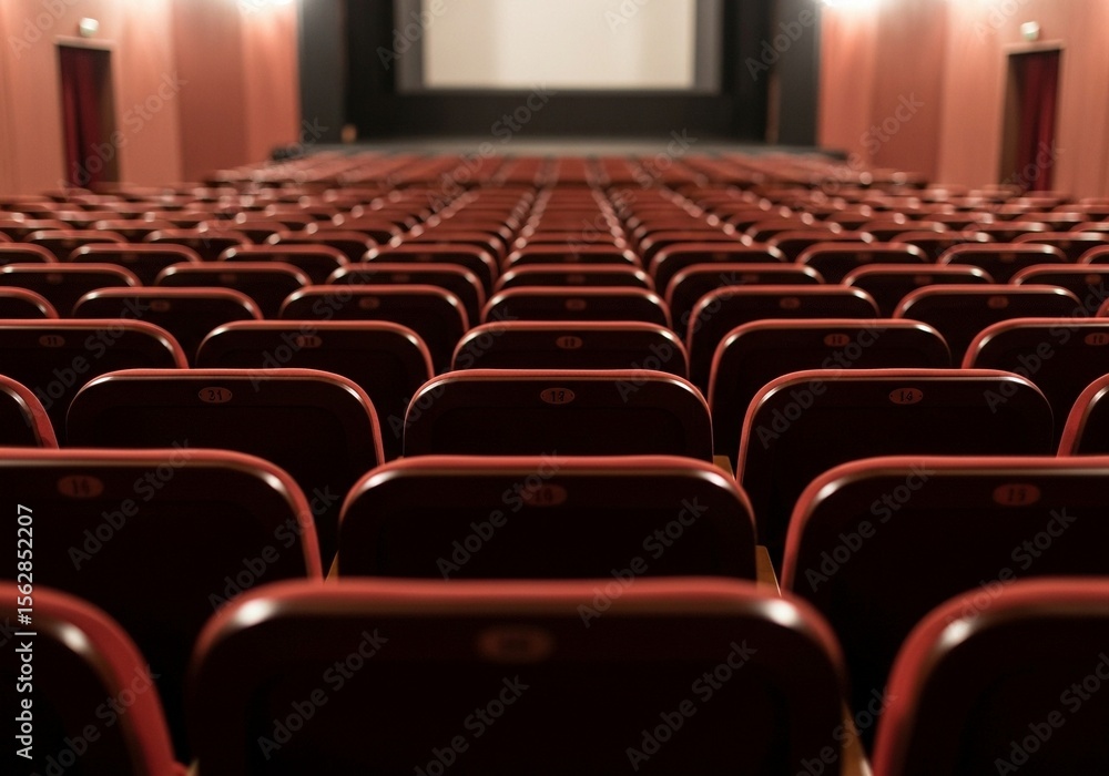 Fototapeta premium Sala de cine vacía con butacas rojas frente a pantalla grande, vista desde el interior, concepto de entretenimiento, cultura y proyección cinematográfica