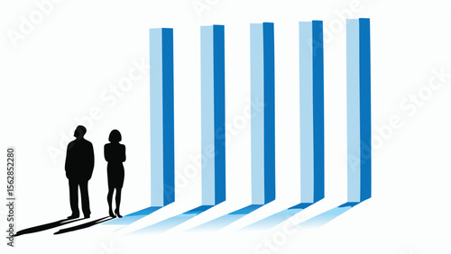 Silhouette of man and woman standing next to blue and white rectangular prisms on a white background