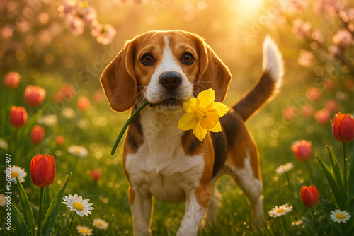 A charming Beagle stands in a vibrant spring meadow filled with tulips, daisies, and other blooming flowers, holding a bright yellow daffodil in its mouth. 
