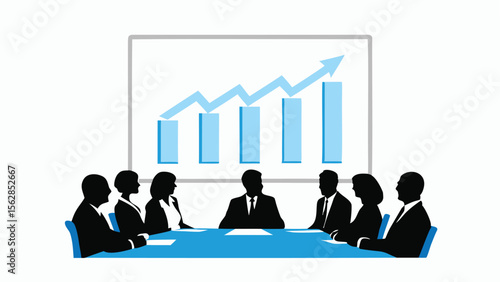 Illustration of business meeting with graph showing upward trend in a boardroom setting discussion session