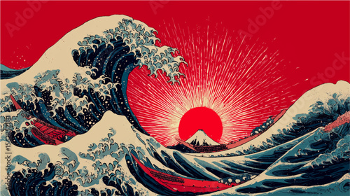 The great wave off kanagawa painting reproduction vector illustration. Old Japanese artwork with big wave and mountain Fuji and red sky on the background