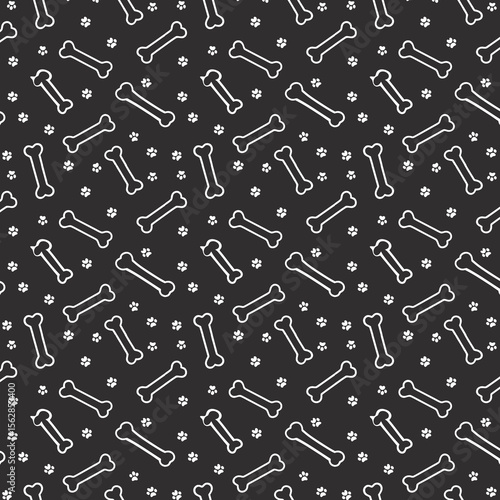 A seamless pattern featuring white outlines of bones and paw prints on a dark gray or black background. The bones are elongated and stylized, while the paw prints are small and scattered between them.