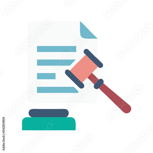 Flat graphic of legal document and gavel on black
