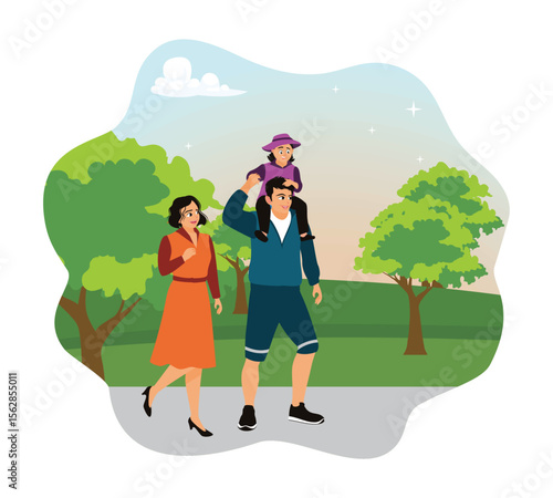 Happy family walking and spending time together in the park.