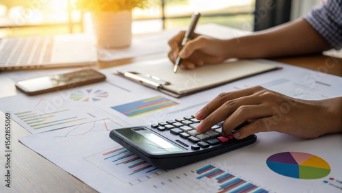 Tax finance budget, Financial accounting concepts. high angle close up shot captures person using calculator, analyzing financial . Payment, Debt, Penalty, Credit, Bill, Businessman, Office, Money © AucArtStudio