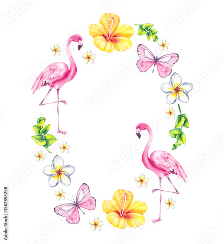 watercolor wreath featuring summer flowers, flamingo, butterflies, and hibiscus. Perfect for cards, packaging, scrapbooking, and playful seasonal designs. Bright and cheerful summer vibe