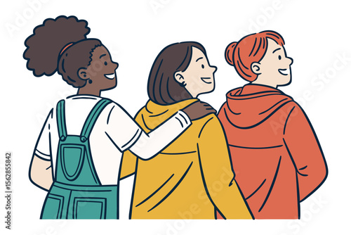 Three Friends Walking Together: Three diverse young women walk side-by-side, their arms around each other, symbolizing friendship, support, and togetherness.