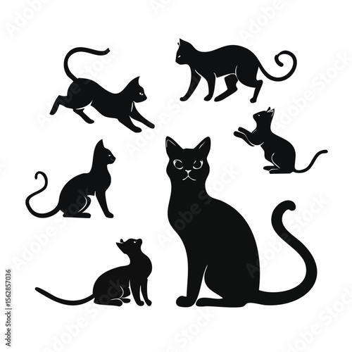 Collection of Elegant Black Cat Silhouettes Vector Illustrations