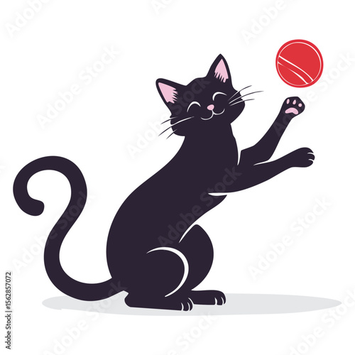 Playful Black Cat with Red Ball Adorable Pet Illustration