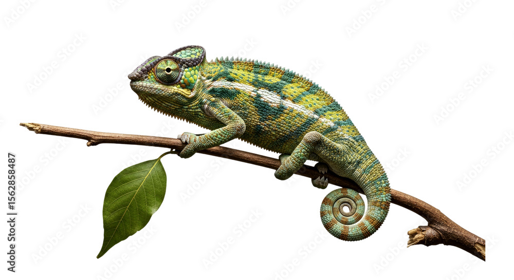 Obraz premium Close-up of a vibrant chameleon on a branch, showcasing its intricate scales and striking colors against a black background. A captivating display of nature's artistry.