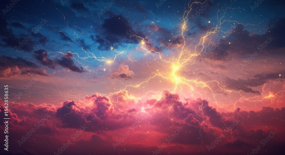 Naklejka premium Celestial Storm: A vibrant and surreal landscape of clouds, illuminated by bolts of golden lightning, painting a dramatic and otherworldly scene across a canvas of deep blues and fiery reds.