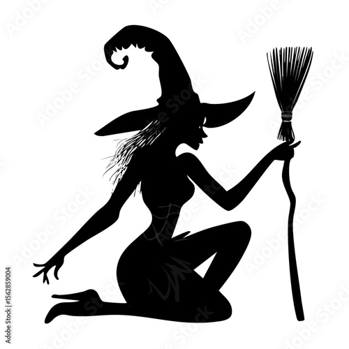 Silhouette of a Witch Kneeling with Broom Halloween Illustration