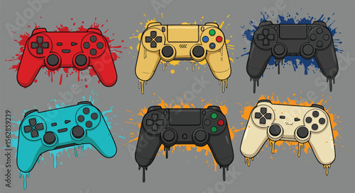 Colorful game controller collection with splash art style design on gray background