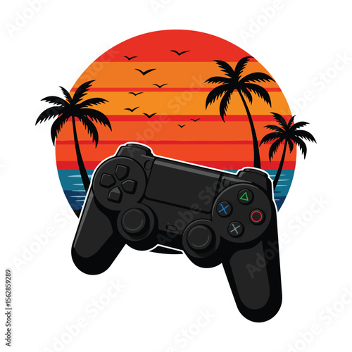 Game controller with tropical sunset background and palm trees illustration