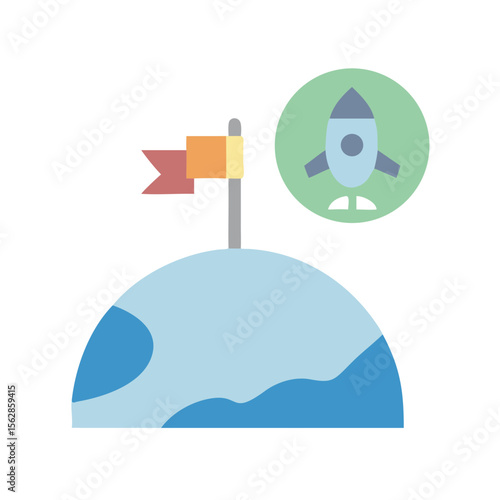Flat design planet conquest illustration with rocket and flag