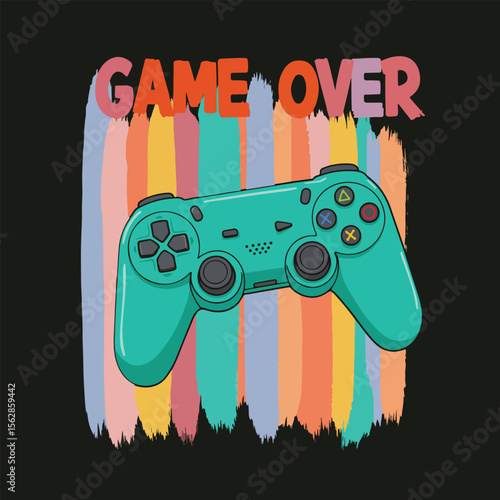 Retro game over controller illustration with colorful background for gamers