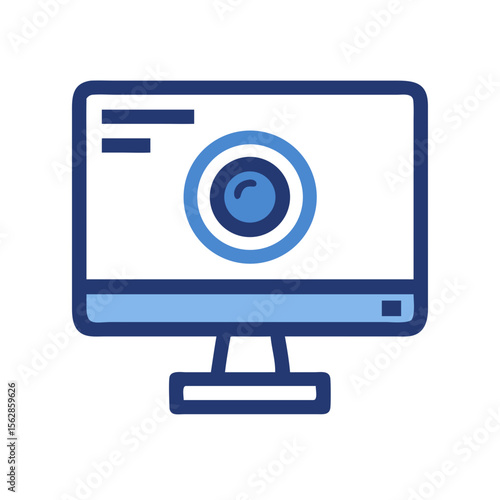 Blue stylized computer monitor with camera on black backdrop
