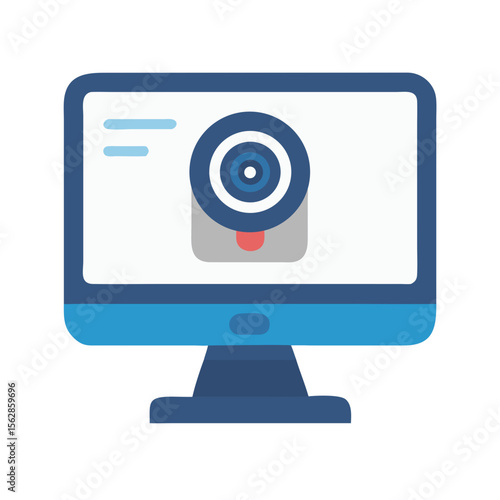 Computer monitor displaying a focused camera lens illustration